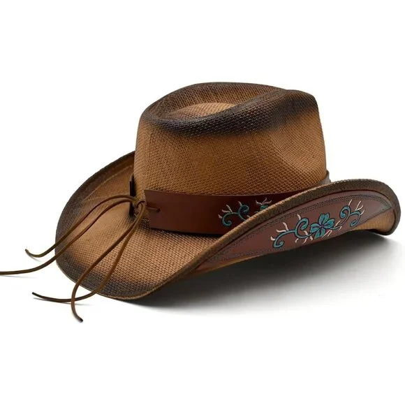 Women's Coffee Straw Cowgirl Woven Western Two Decorative Bands Sun Hat - Picture 3 of 4